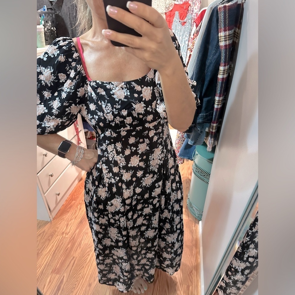 River Island Black Floral Puff Sleeve Maxi Dress,Square Neck Cottagecore Size 10 - Picture 3 of 16